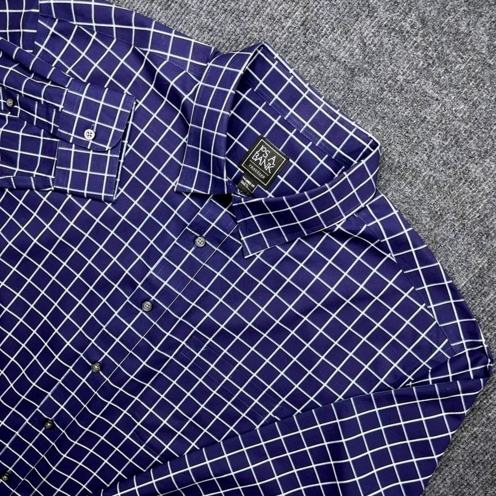 Jos. A. Bank Traveler Shirt Navy Blue White Grid Tailored Fit XL Workwear